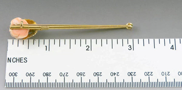 Antique Victorian English 12K Gold Coral Rose Flower Long Safety Pin/Brooch