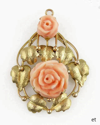 Vintage 14K Yellow Gold & Coral Rose Flower Openwork Pendant