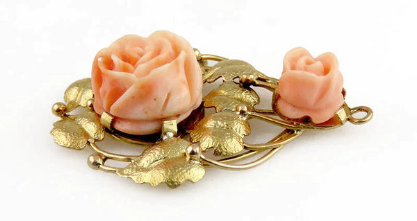 Vintage 14K Yellow Gold & Coral Rose Flower Openwork Pendant