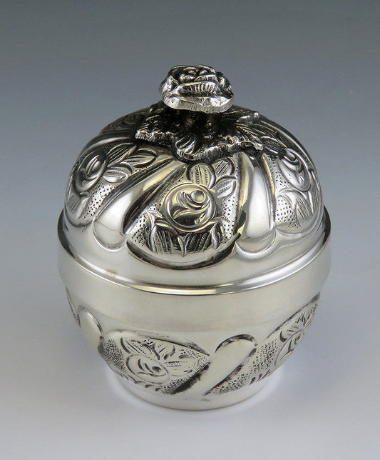 Pretty 900 Silver Rose Flower Covered Pooja Kumkum Sindoor Dabbi or Trinket Box