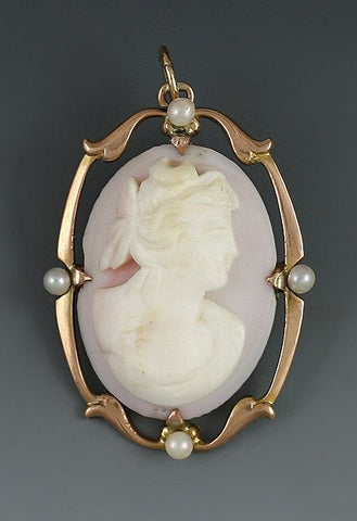 Classical Carved Shell Cameo 10k Gold Pearl Pin/Pendant of Goddess Diana