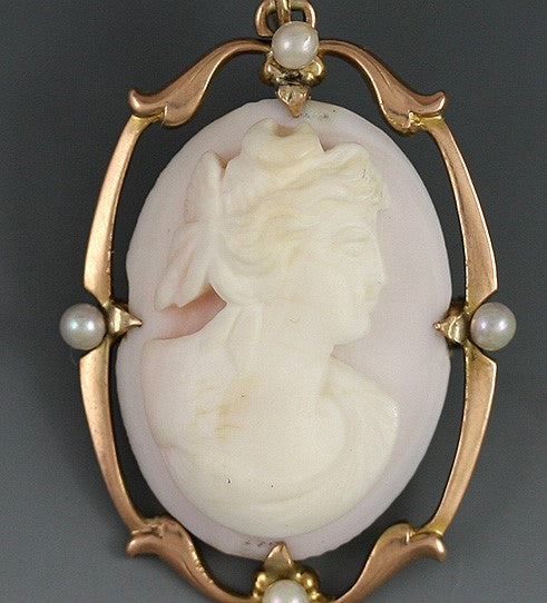 Classical Carved Shell Cameo 10k Gold Pearl Pin/Pendant of Goddess Diana