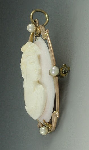 Classical Carved Shell Cameo 10k Gold Pearl Pin/Pendant of Goddess Diana