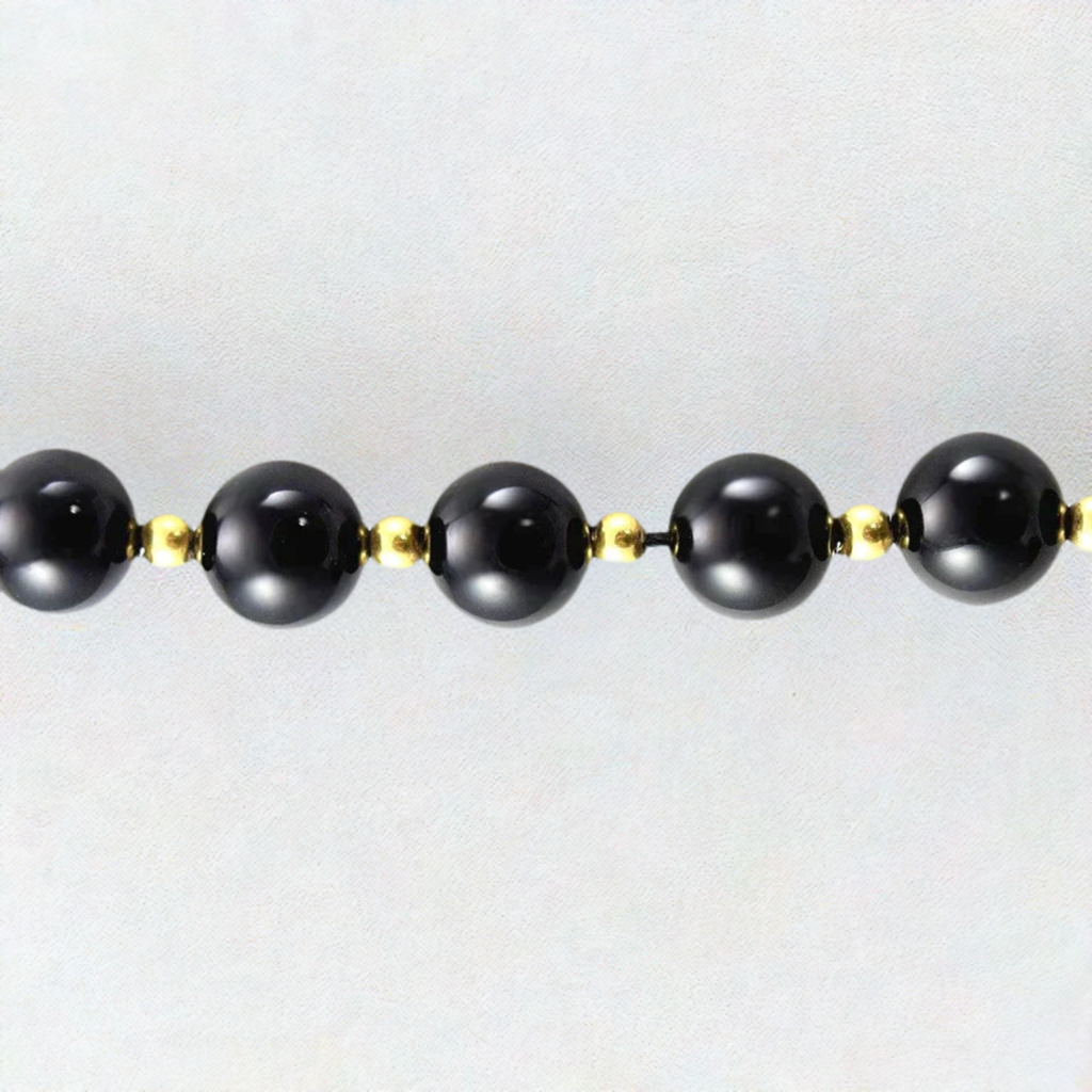Lovely and Modern Necklace of 14k Yellow Gold and Black Onyx Round Beads 29"