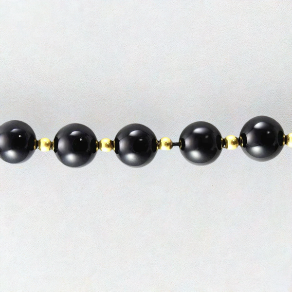 Lovely and Modern Necklace of 14k Yellow Gold and Black Onyx Round Beads 29"