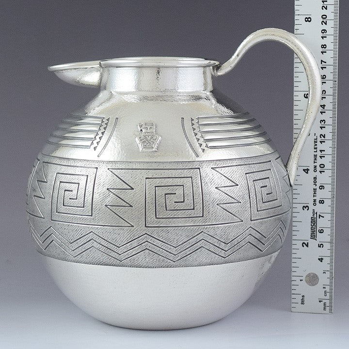 Neat South American Peruvian or Colombian Silver Pitcher / Jug w/ Incan Designs