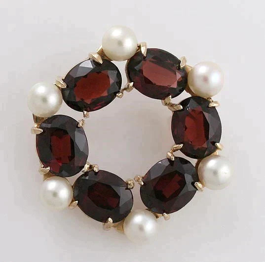 Large Heavy 14k Gold Garnet Pearl Wreath Pin Brooch