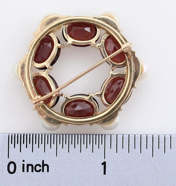 Large Heavy 14k Gold Garnet Pearl Wreath Pin Brooch