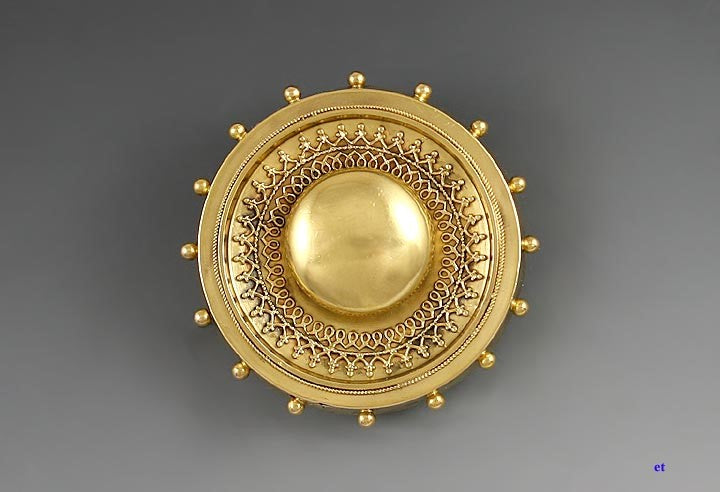 Etruscan Revival 1860s 14k Yellow Gold Circle Brooch/Pin