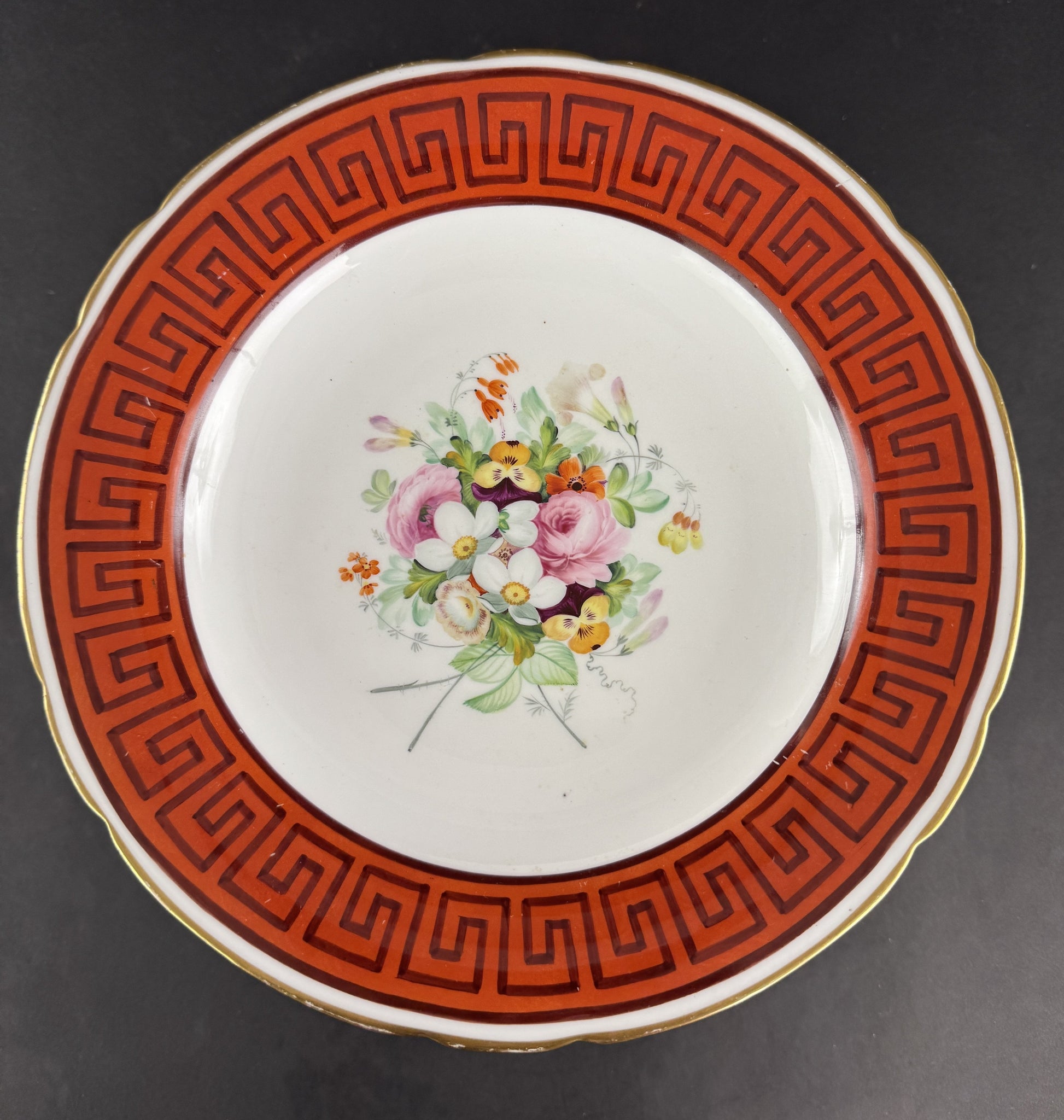Stunning c1860s European Red Greek Key Hand Painted Floral Compote Pedestal Bowl