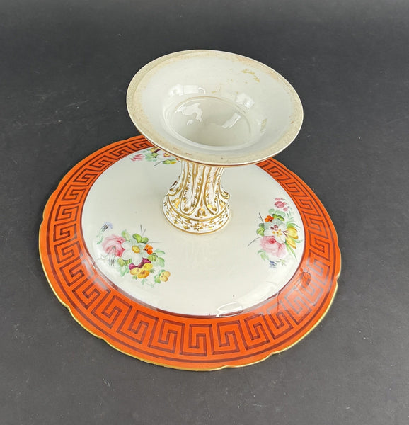 Stunning c1860s European Red Greek Key Hand Painted Floral Compote Pedestal Bowl