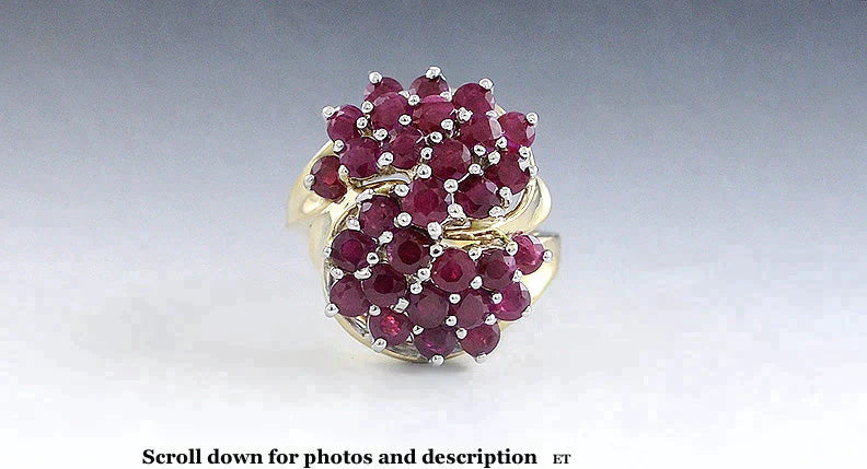 Eye-catching 14k Yellow Gold ~3ct Ruby Cluster Cocktail Ring