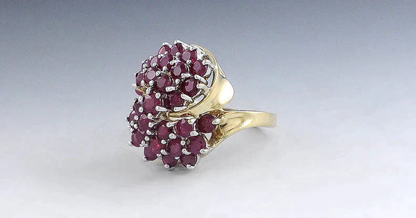 Eye-catching 14k Yellow Gold ~3ct Ruby Cluster Cocktail Ring