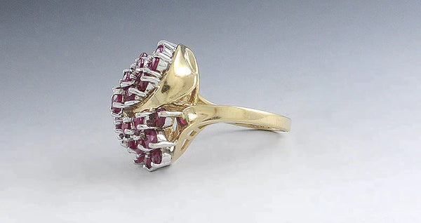 Eye-catching 14k Yellow Gold ~3ct Ruby Cluster Cocktail Ring