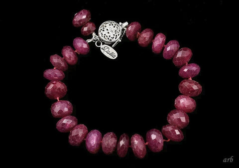 Brilliant Faceted Magenta Red Genuine Ruby Bead Bracelet 14k White Gold Clasp