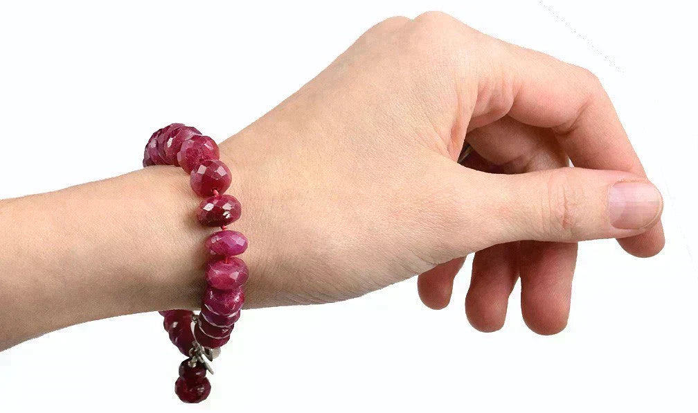 Brilliant Faceted Magenta Red Genuine Ruby Bead Bracelet 14k White Gold Clasp