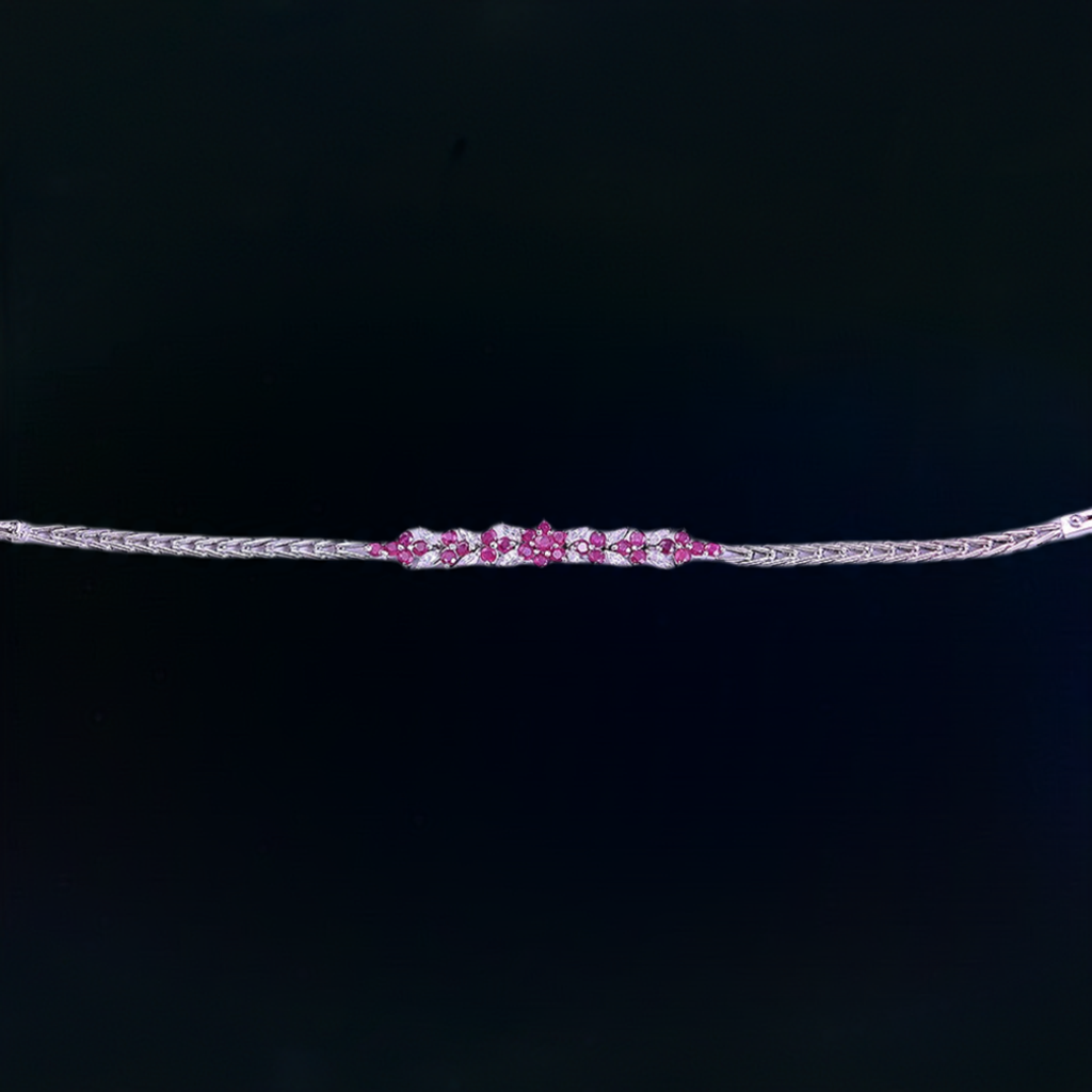 Nice Sterling Silver Bracelet w/ Genuine Rubies, White Stones and Floral Motif