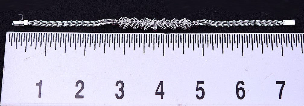 Nice Sterling Silver Bracelet w/ Genuine Rubies, White Stones and Floral Motif