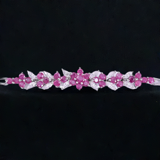 Nice Sterling Silver Bracelet w/ Genuine Rubies, White Stones and Floral Motif