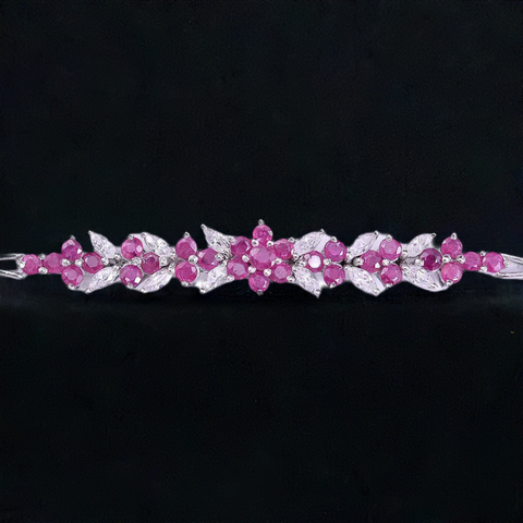 Nice Sterling Silver Bracelet w/ Genuine Rubies, White Stones and Floral Motif