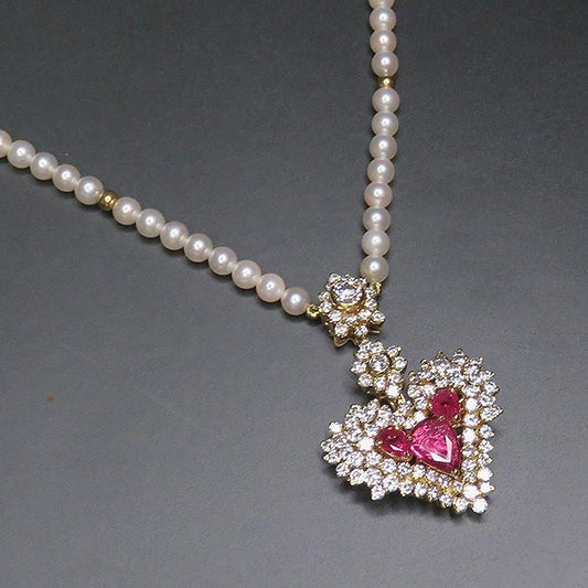 Finest Quality Italian 18K Yellow Gold Diamond Ruby Pearl Heart Pendant Necklace
