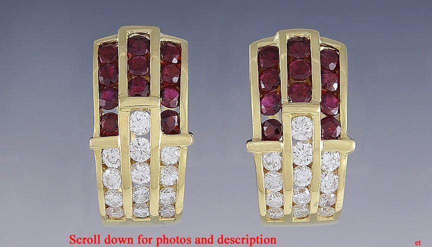 Pair High End 18K Yellow Gold Ruby Diamond Earrings Paris D.N.