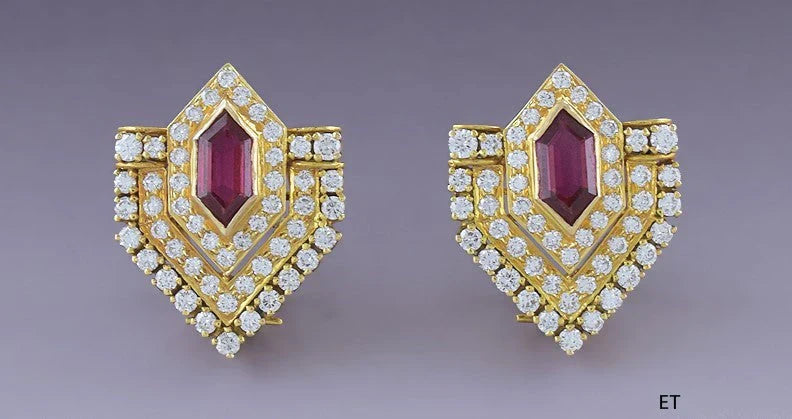 Dazzling 20k Yellow Gold 1.75ct Diamond Lab Created Ruby Stud Earrings