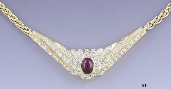 Stunning 14k Gold Ruby Cabochon & ~1.5ct Diamond Necklace