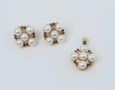 Superb 18k Yellow Gold Pearl Diamond Ruby Earrings and Pendant Set