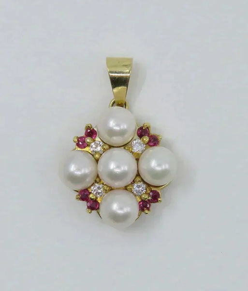 Superb 18k Yellow Gold Pearl Diamond Ruby Earrings and Pendant Set