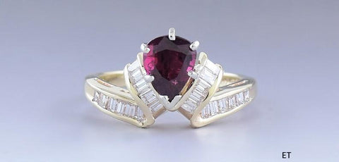 Stunning 14K Yellow Gold ~1.5ct Pear Cut Red Ruby & Diamond Ring Size 6.75