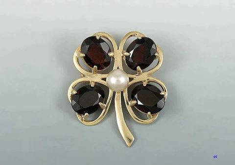 Pretty 1950s 14k Gold Shamrock Garnet Pearl Four Leaf Clover Pin/Brooch