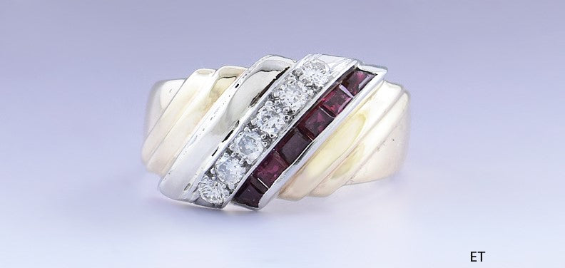 Stylish 14k Yellow Gold and Platinum Diamond & Ruby Ring