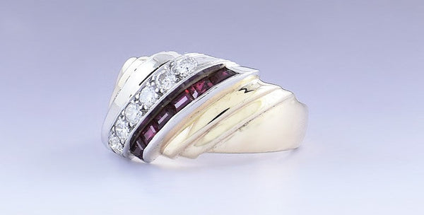 Stylish 14k Yellow Gold and Platinum Diamond & Ruby Ring