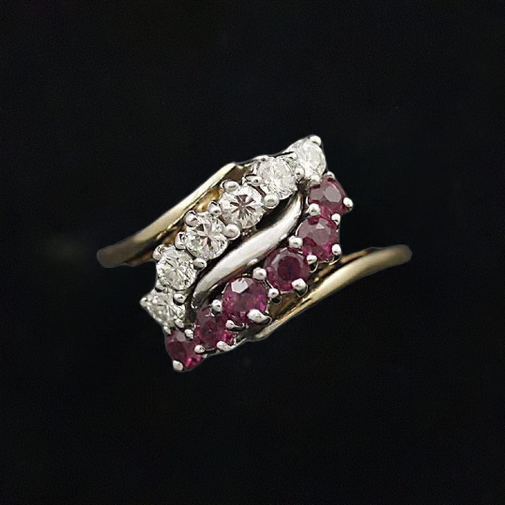Lovely Brilliant 14K Yellow & White Gold Diamond & Ruby Ring Size 6.75
