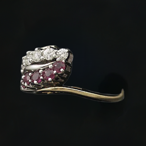 Lovely Brilliant 14K Yellow & White Gold Diamond & Ruby Ring Size 6.75