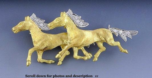 Fine Italian 18K White & Yellow Gold and Diamond Running Horses Pin/Brooch
