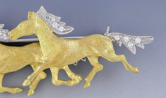 Fine Italian 18K White & Yellow Gold and Diamond Running Horses Pin/Brooch