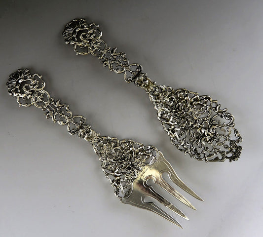 Antique Hanau German Silver Dutch Colonial Style Huge Salad Serving Fork Spoon