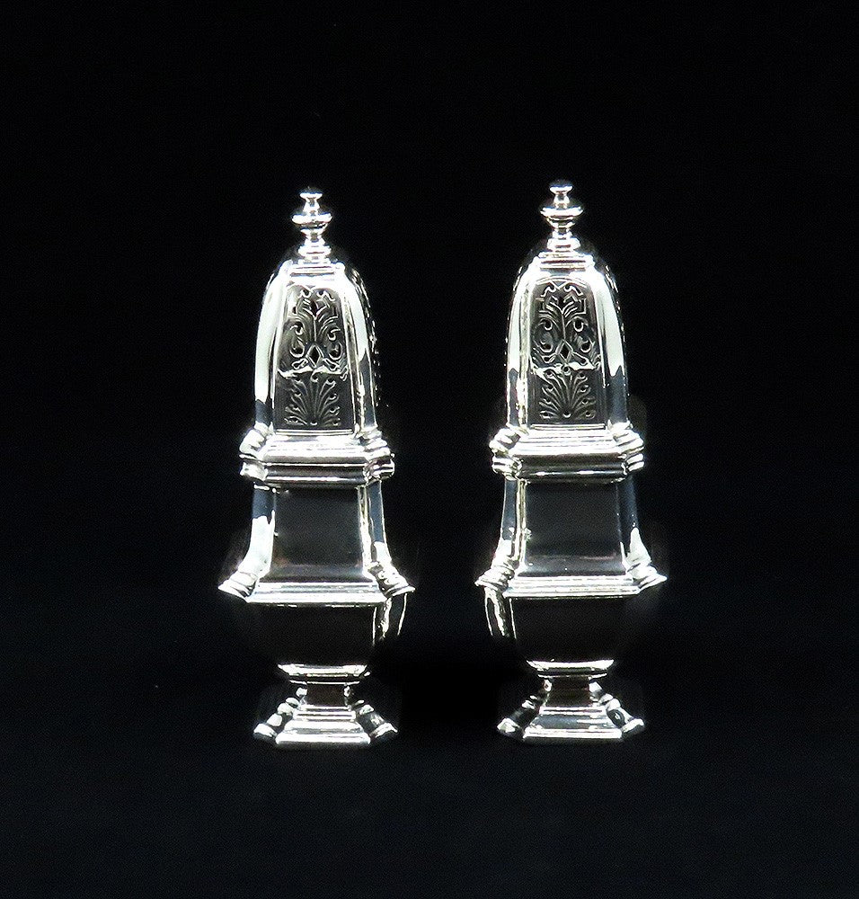 Impressive Pair English Britannia 958 Silver Queen Anne Style Shakers Casters