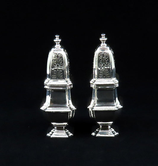 Impressive Pair English Britannia 958 Silver Queen Anne Style Shakers Casters