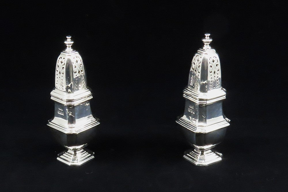 Fantastic Pair English Britannia 958 Silver Queen Anne Style Shakers Casters