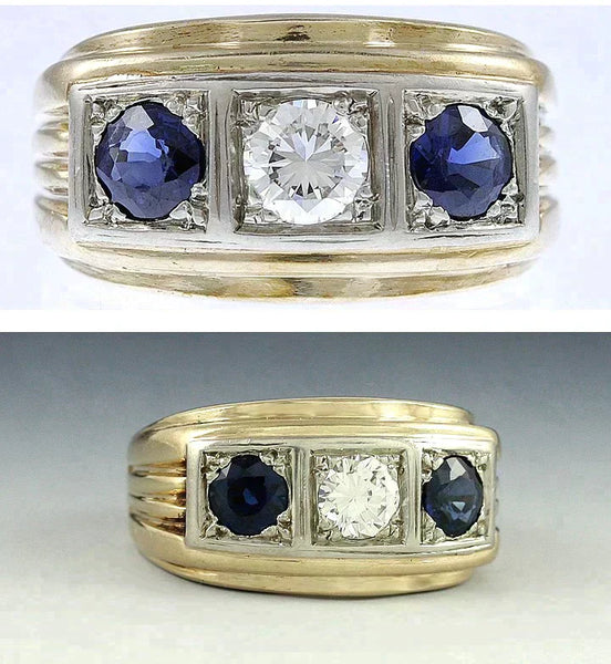 Superb Brilliant Vintage Diamond Blue Sapphire 14K Yellow Gold Ring