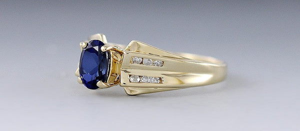 Lovely Modern Blue Diamond & Lab Created Sapphire 14k Yellow Gold Ring Size 8.75