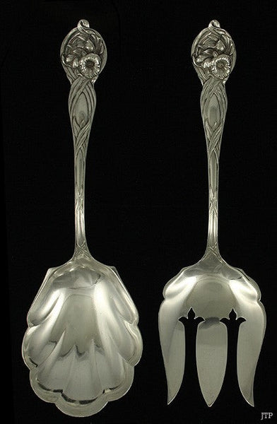 Art Nouveau Sterling Silver Watson Orchid Flower Salad Fork Spoon Serving Set