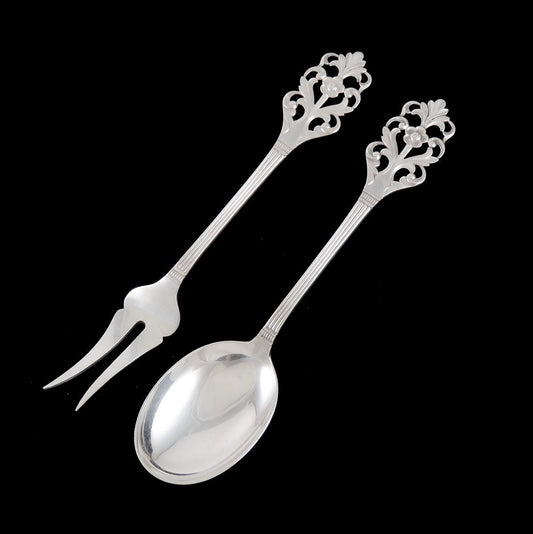 Antique Norwegian Silver Thorvald Marthinsen Viking Rose Serving Fork Spoon Set