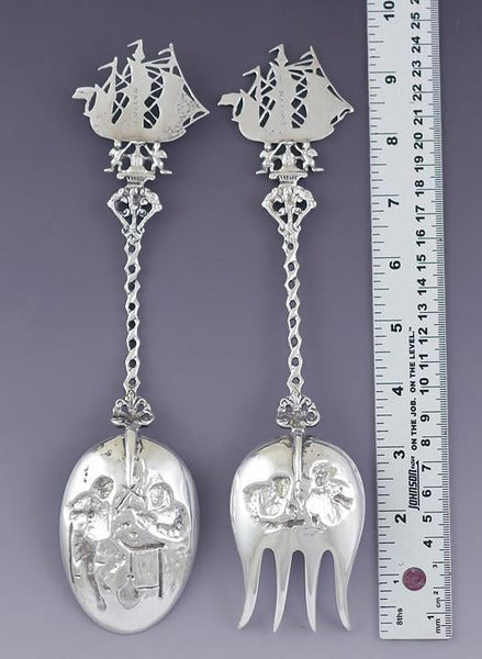 1916 Antique Dutch .833 Silver Salad Serving Set Spoon Fork w Genre Scenes