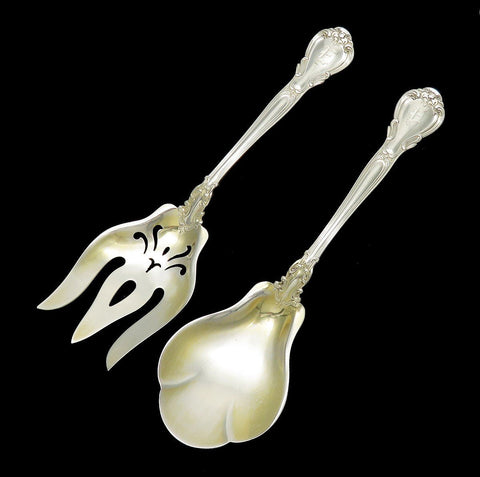 Superb Gorham Chantilly Sterling Silver Gold Wash Salad Serving Set E Mono