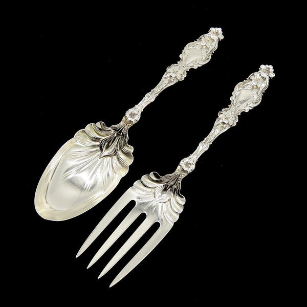 Art Nouveau Whiting Lily 1902 Sterling Silver 2pc Salad Serving Set B Mono