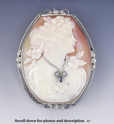 Antique c1910s-1930s American 14k White Gold Diamond Sapphire Cameo Brooch